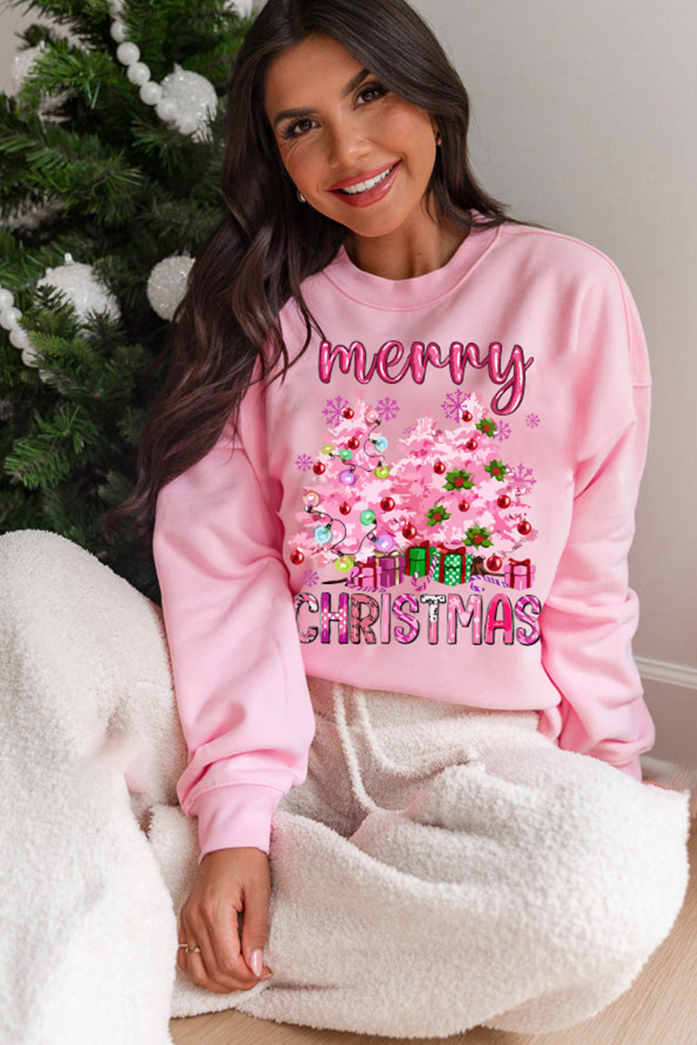 Pink Merry Christmas Graphic Crew Neck Pullover Sweatshirt Graphic Sweatshirts JT's Designer Fashion