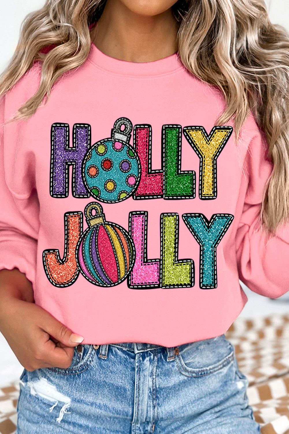 Pink HOLLY JOLLY Christmas Festive Letter Graphic Sweatshirt Pink 50%Polyester+50%Cotton Graphic Sweatshirts JT's Designer Fashion