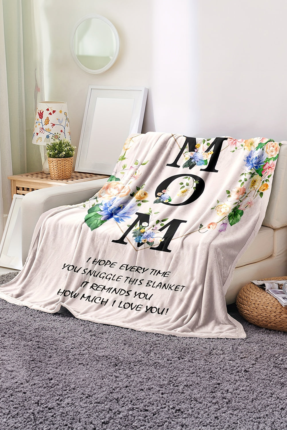 White MOM Floral Print Flannel Blanket 130*150cm Other Accessories JT's Designer Fashion