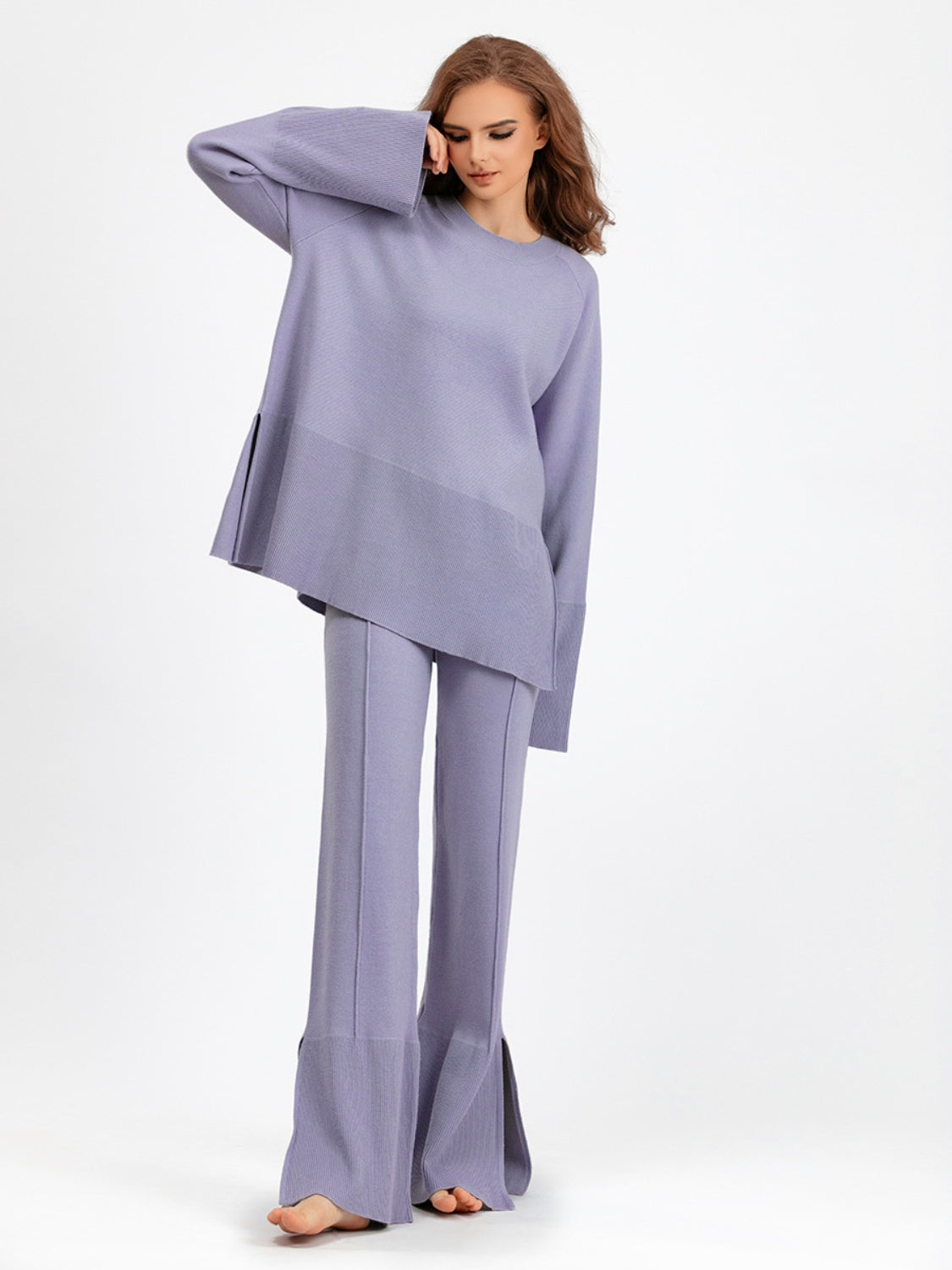 Slit Round Neck Long Sleeve Top and Drawstring Pants Sweater Set Pants Sets JT's Designer Fashion