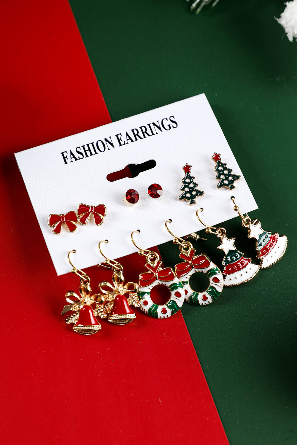 Racing Red 6 Pairs/Set Christmas Tree Wreath Bell Bow Knot Earring Set Jewelry JT's Designer Fashion