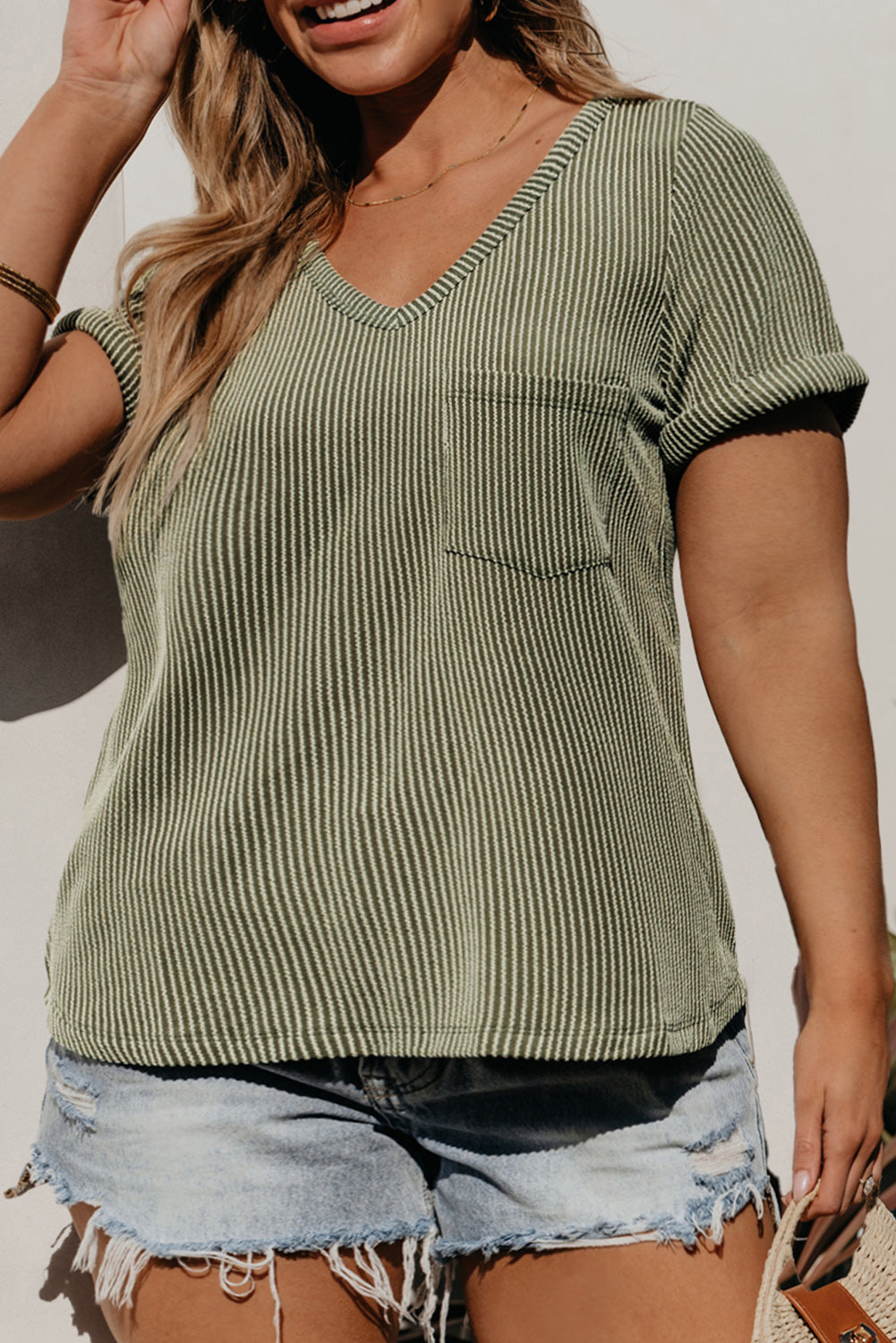 Meadow Mist Green Plus Size Corded V Neck Patch Pocket Tee Plus Size JT's Designer Fashion