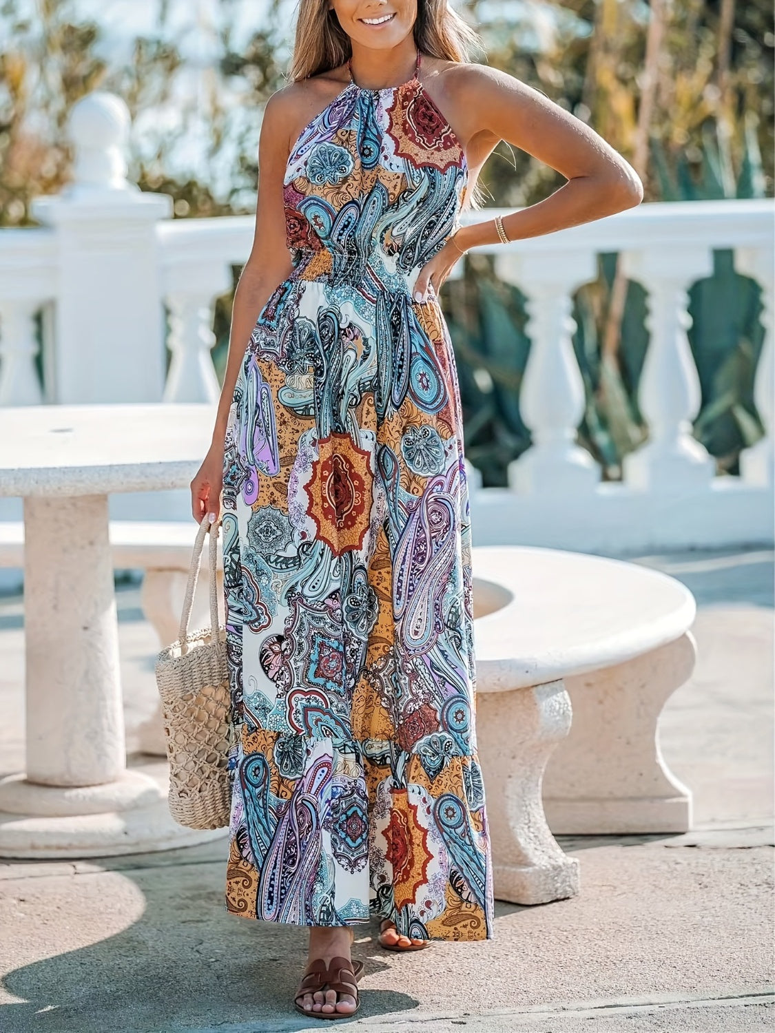 Printed Halter Neck Maxi Dress Maxi Dresses JT's Designer Fashion