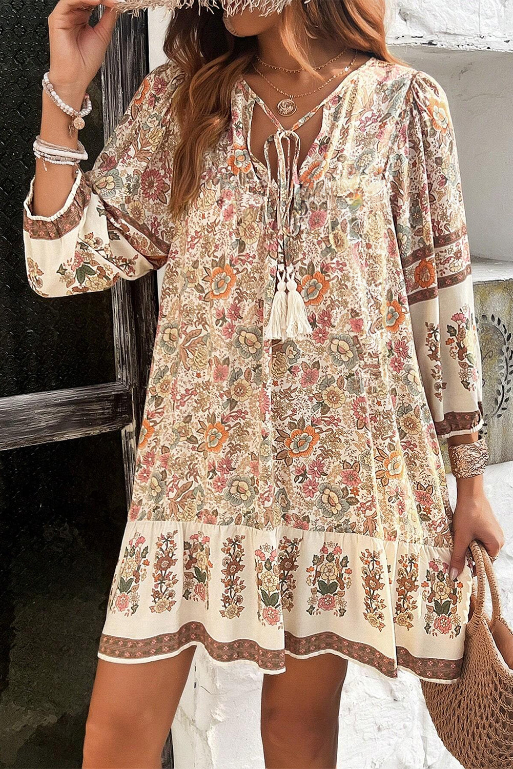 Apricot Floral Print Tassel Drawstring V Neck Loose Mini Dress Floral Dresses JT's Designer Fashion