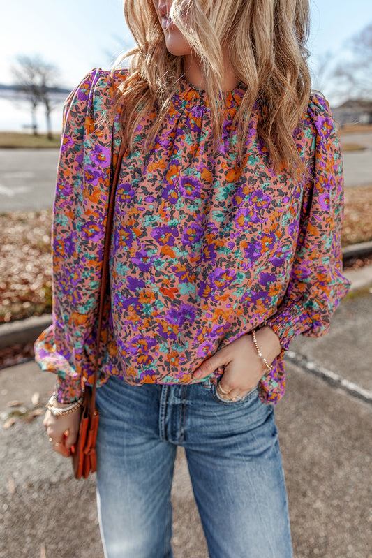 Purple Floral Allover Print Shirred Cuff Frilled O Neck Blouse Blouses & Shirts JT's Designer Fashion