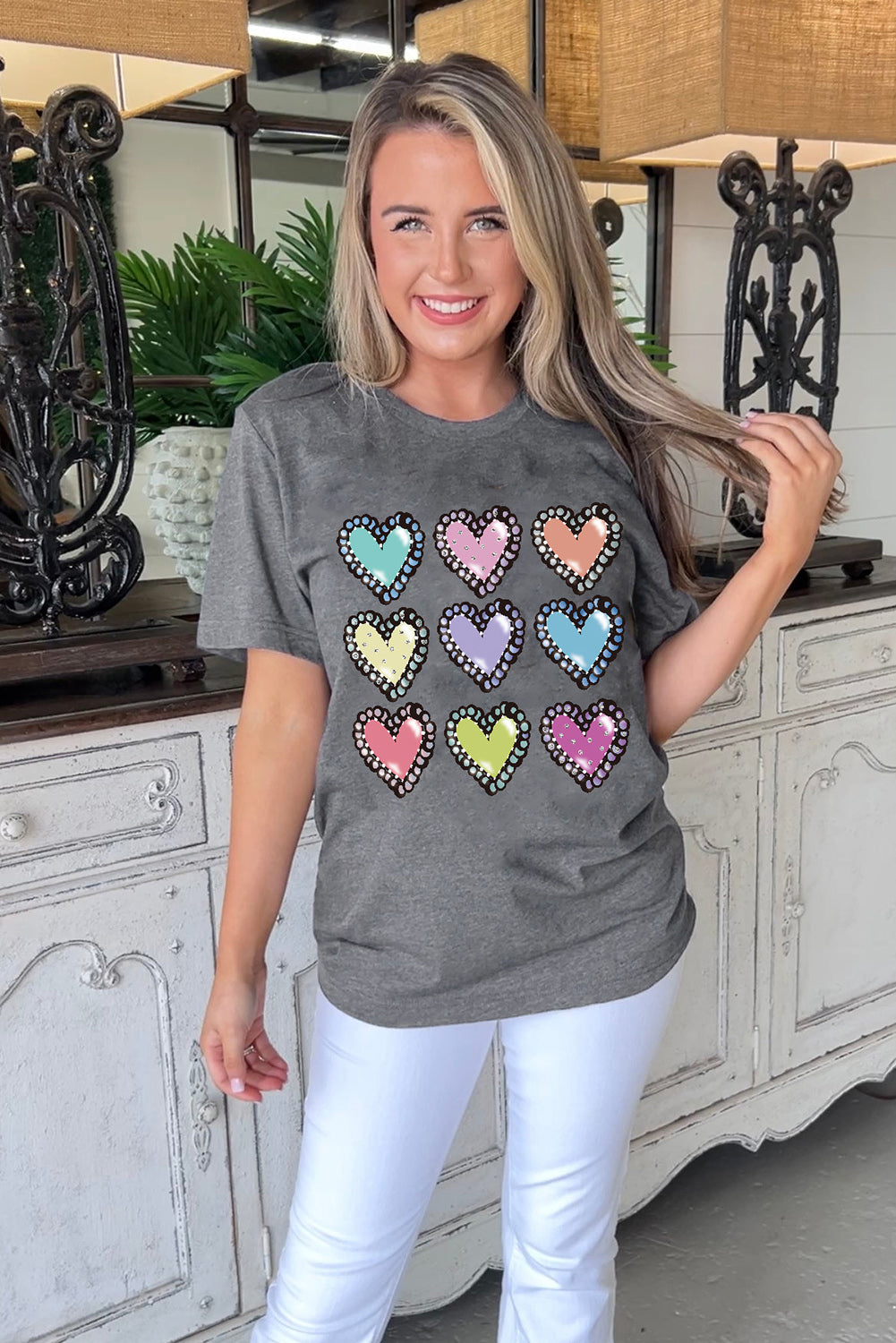 Gray Colorful Heart Shaped Print Crew Neck Casual Tee Graphic Tees JT's Designer Fashion