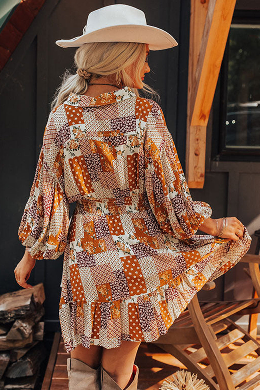 Orange Boho Floral Puff Sleeve Smocked Waist Mini Shirt Dress Mini Dresses JT's Designer Fashion