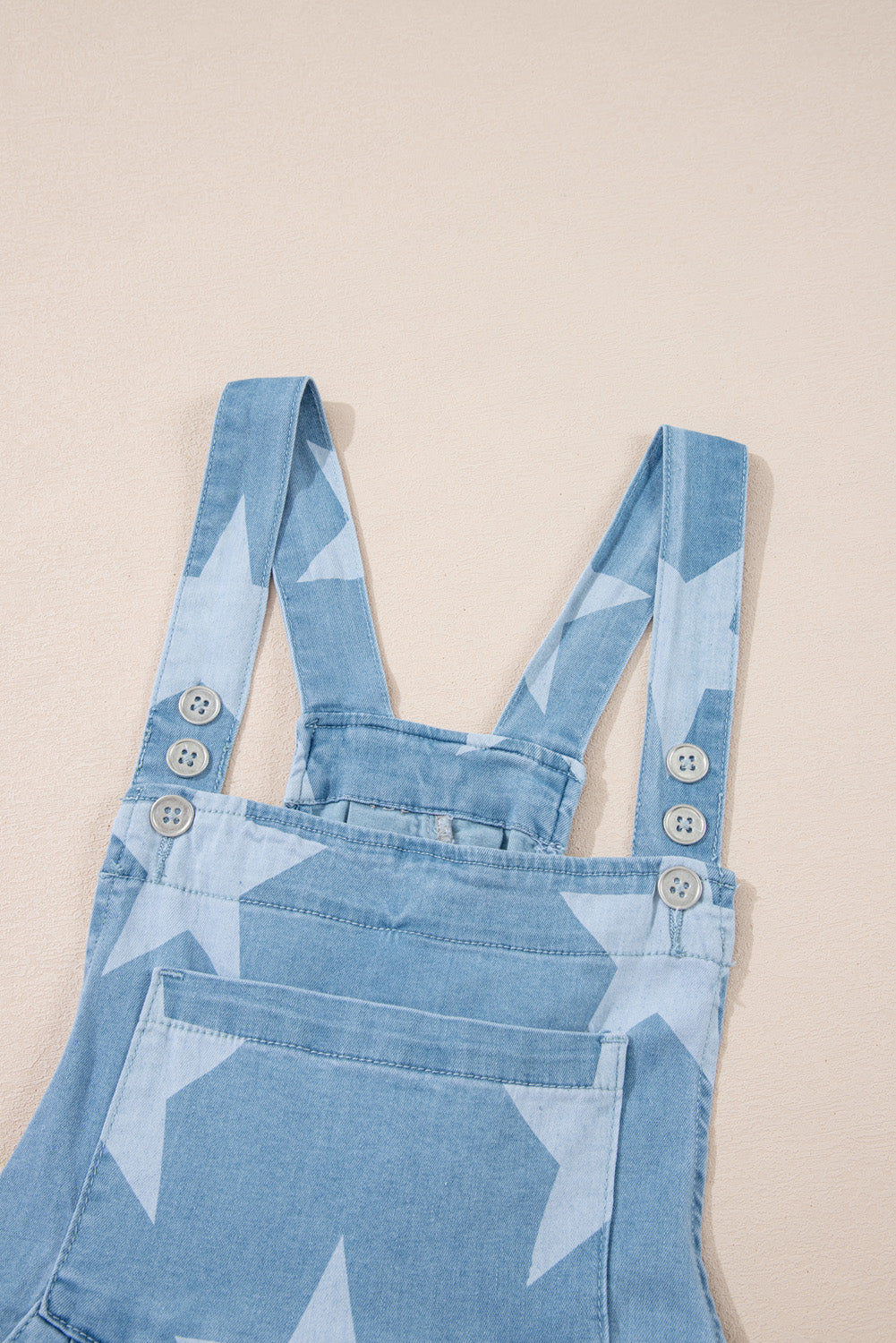 Light Blue Star Printed Buttoned Straps Pocketed Denim Romper Jumpsuits & Rompers JT's Designer Fashion