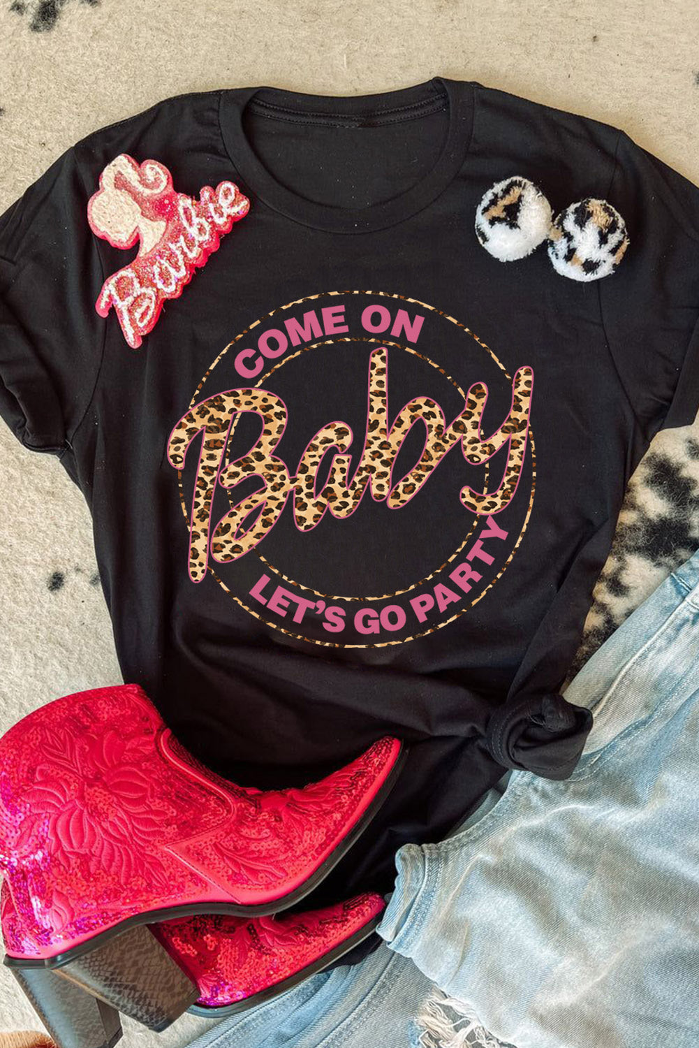 Black Come On Baby Lets Go Party Graphic T Shirt Black 95%Polyester+5%Elastane Graphic Tees JT's Designer Fashion