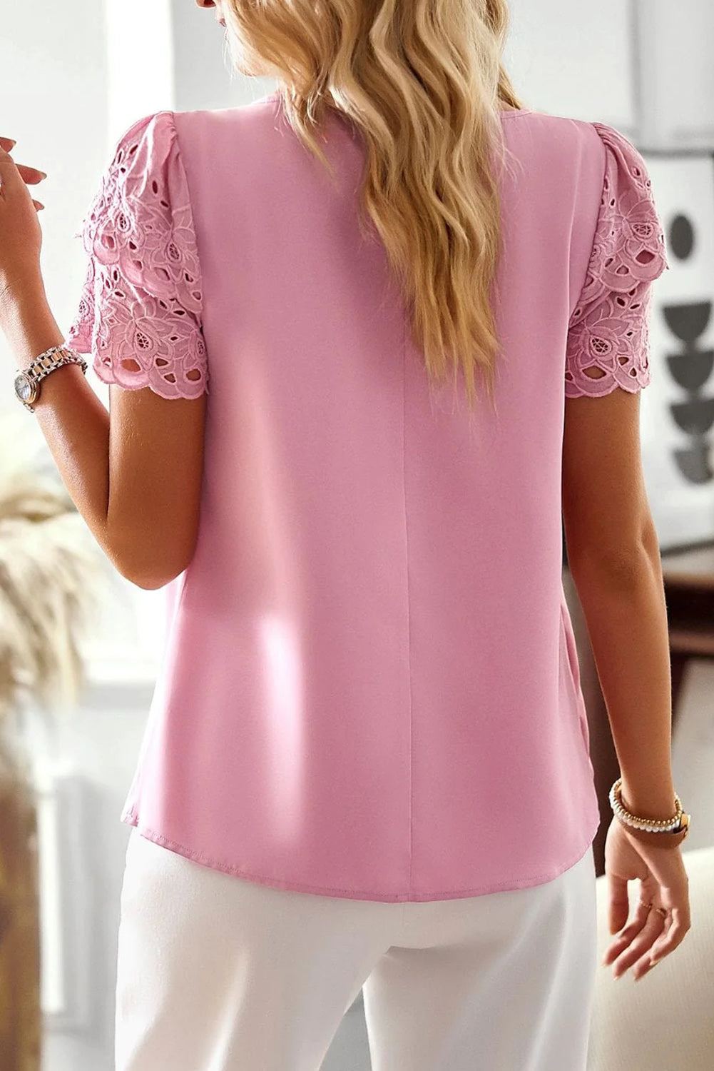 Pink Pleated Round Neck Lace Sleeve Blouse Tops & Tees JT's Designer Fashion