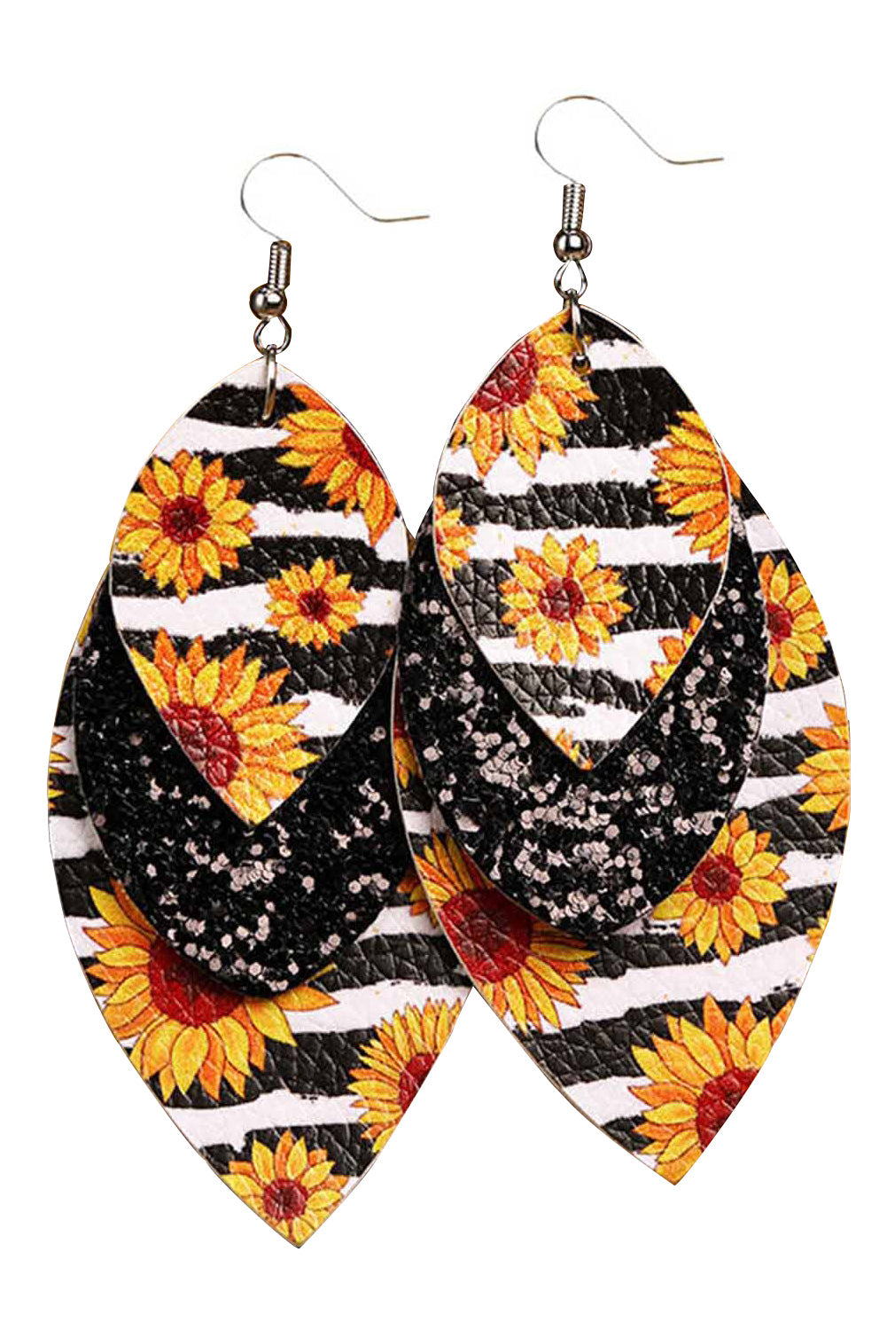 Leopard Sunflower Black Sequined Leaf Multi-Layered Leather Earrings Jewelry JT's Designer Fashion