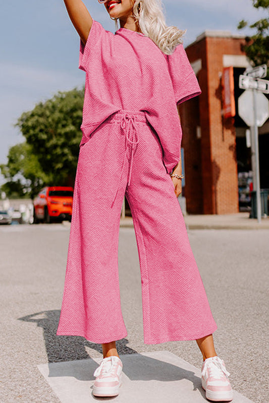 Strawberry Pink Textured Loose Fit T Shirt and Drawstring Pants Set Bottoms JT's Designer Fashion