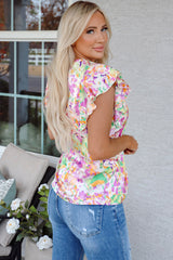 Purple Abstract Printed Ruffled Short Sleeve Notched Neck Blouse Blouses & Shirts JT's Designer Fashion