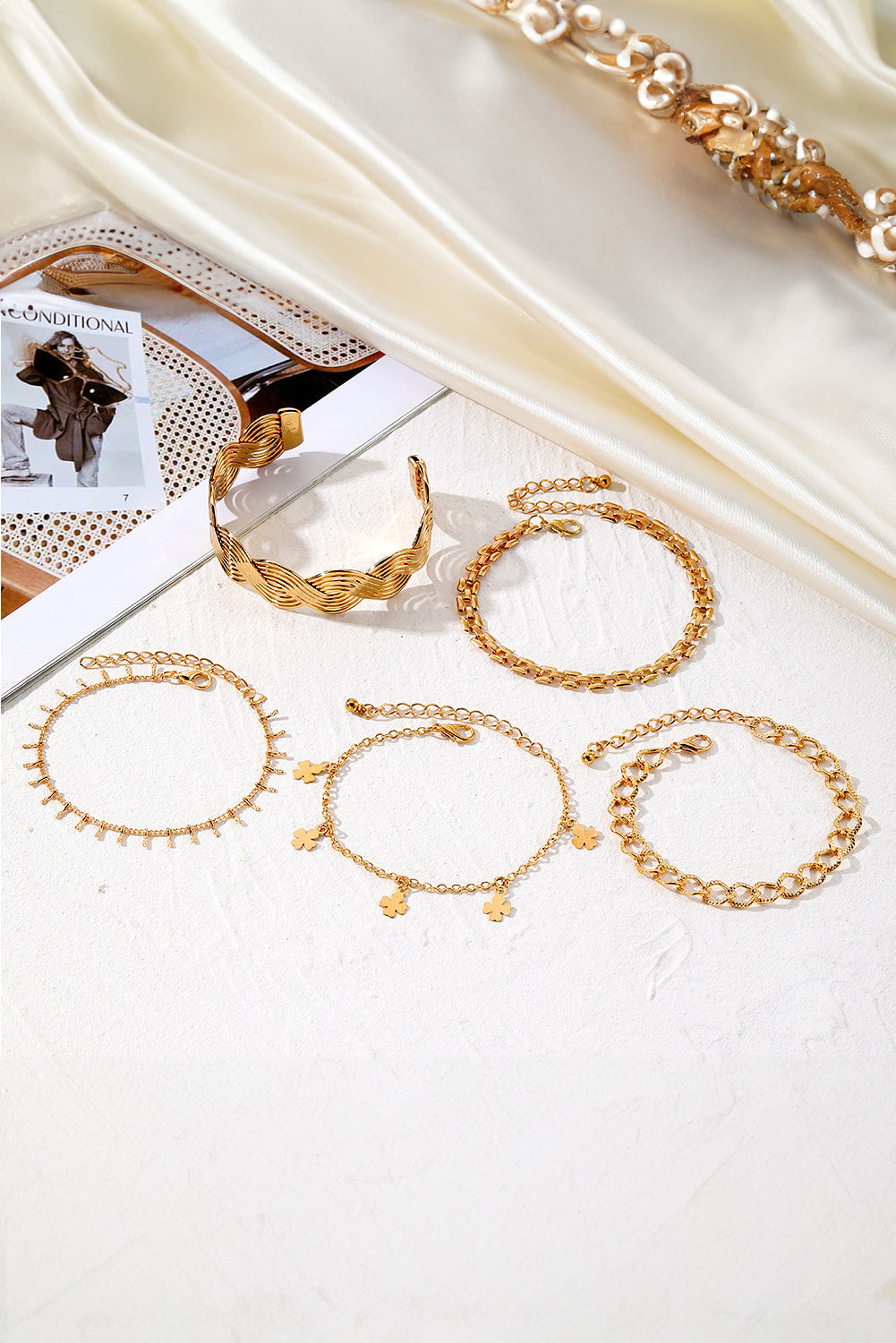 Gold Clover Charm Multi Layered Plated Adjustable Bracelet Set Jewelry JT's Designer Fashion