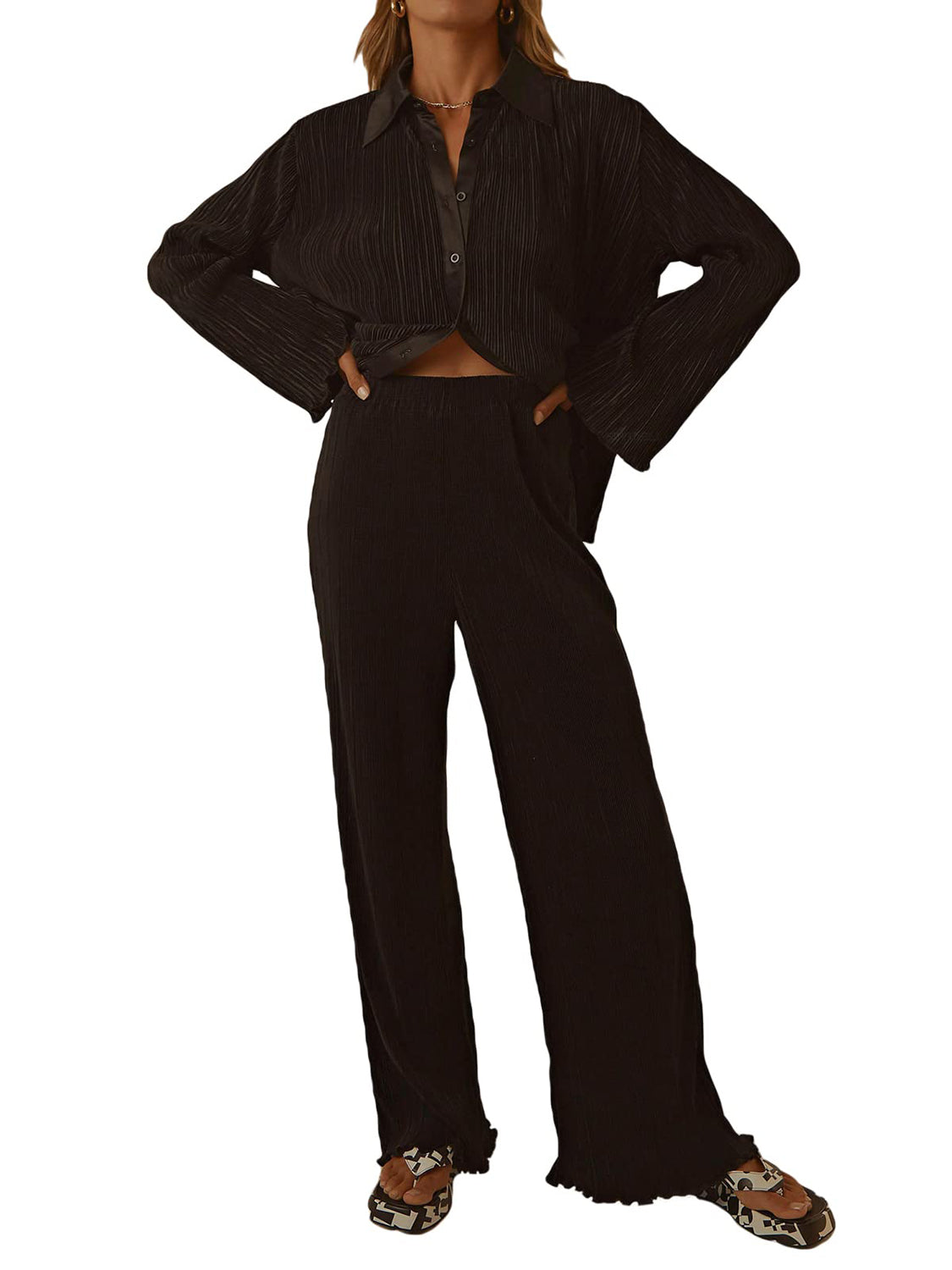 Collared Neck Long Sleeve Top and Pants Lounge Set Sleepwear JT's Designer Fashion