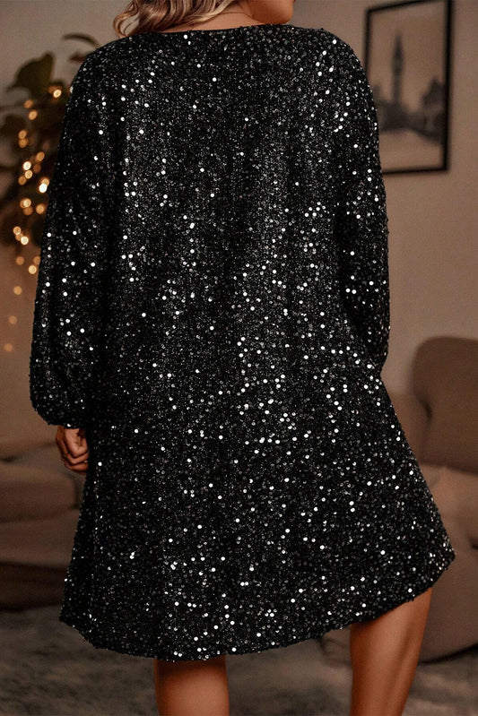 Color black Plus Size Bubble Sleeve V Neck Sequin Dress Plus Size Mini Dresses JT's Designer Fashion
