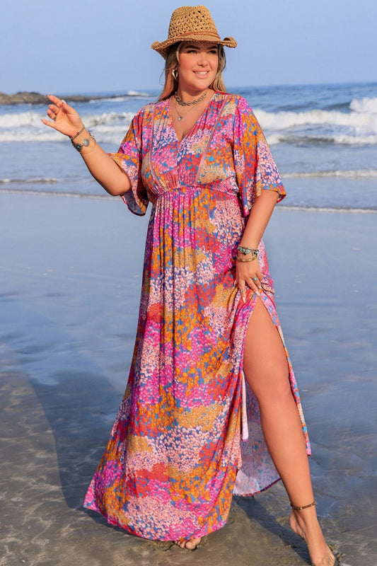 Plus Size Slit Printed Half Sleeve Dress Scarlet Maxi Dresses JT's Designer Fashion