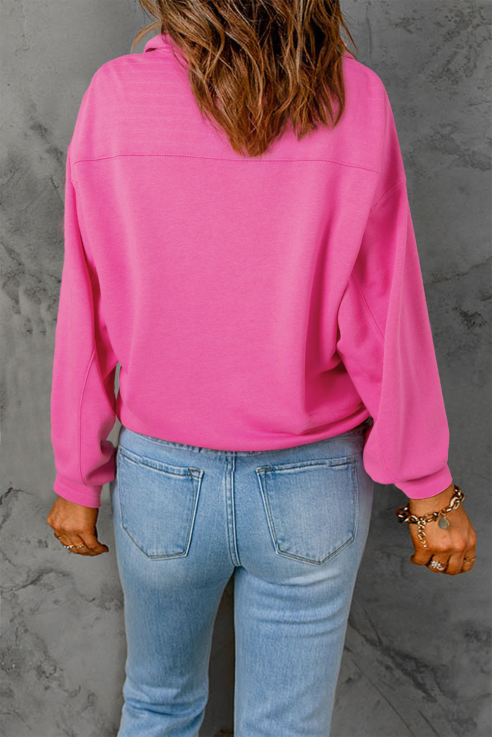 Bright Pink Vintage Mineral Wash Half Button Collared Sweatshirt Sweatshirts & Hoodies JT's Designer Fashion