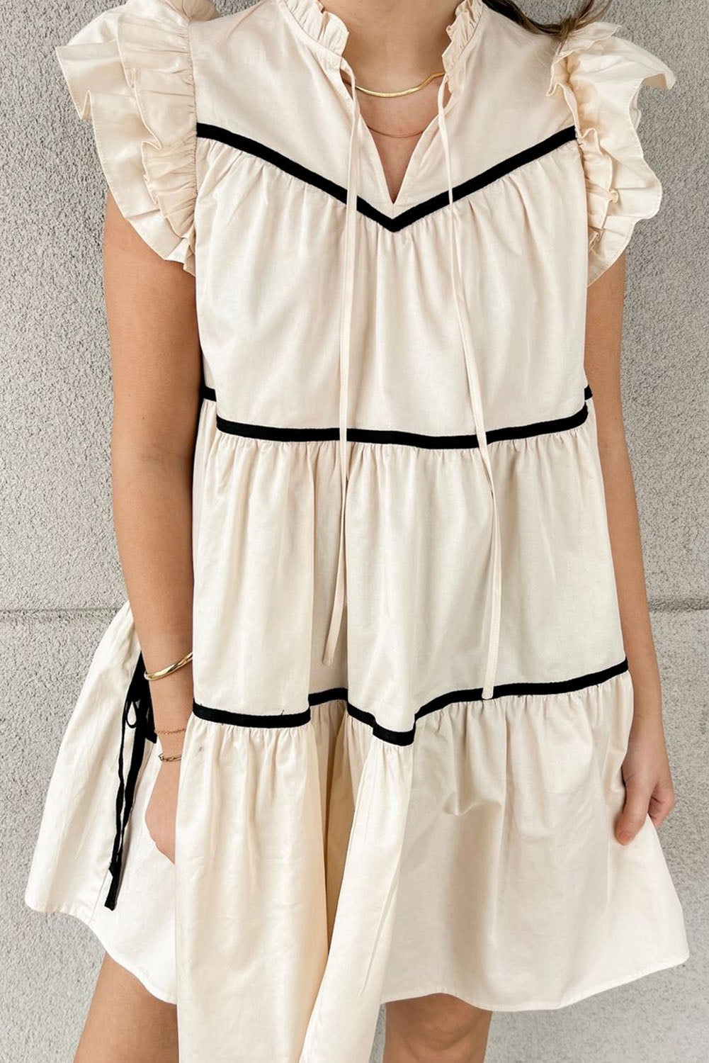 Beige Ruffled Sleeve Contrast Pipings Tiered Flowy Plus Dress Plus Size JT's Designer Fashion