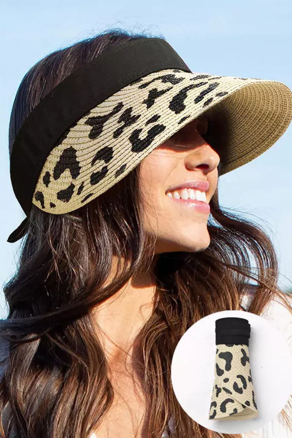 Khaki Leopard Hollow Out Ruffled Sun Visor Rolled Up Hat Hats & Caps JT's Designer Fashion