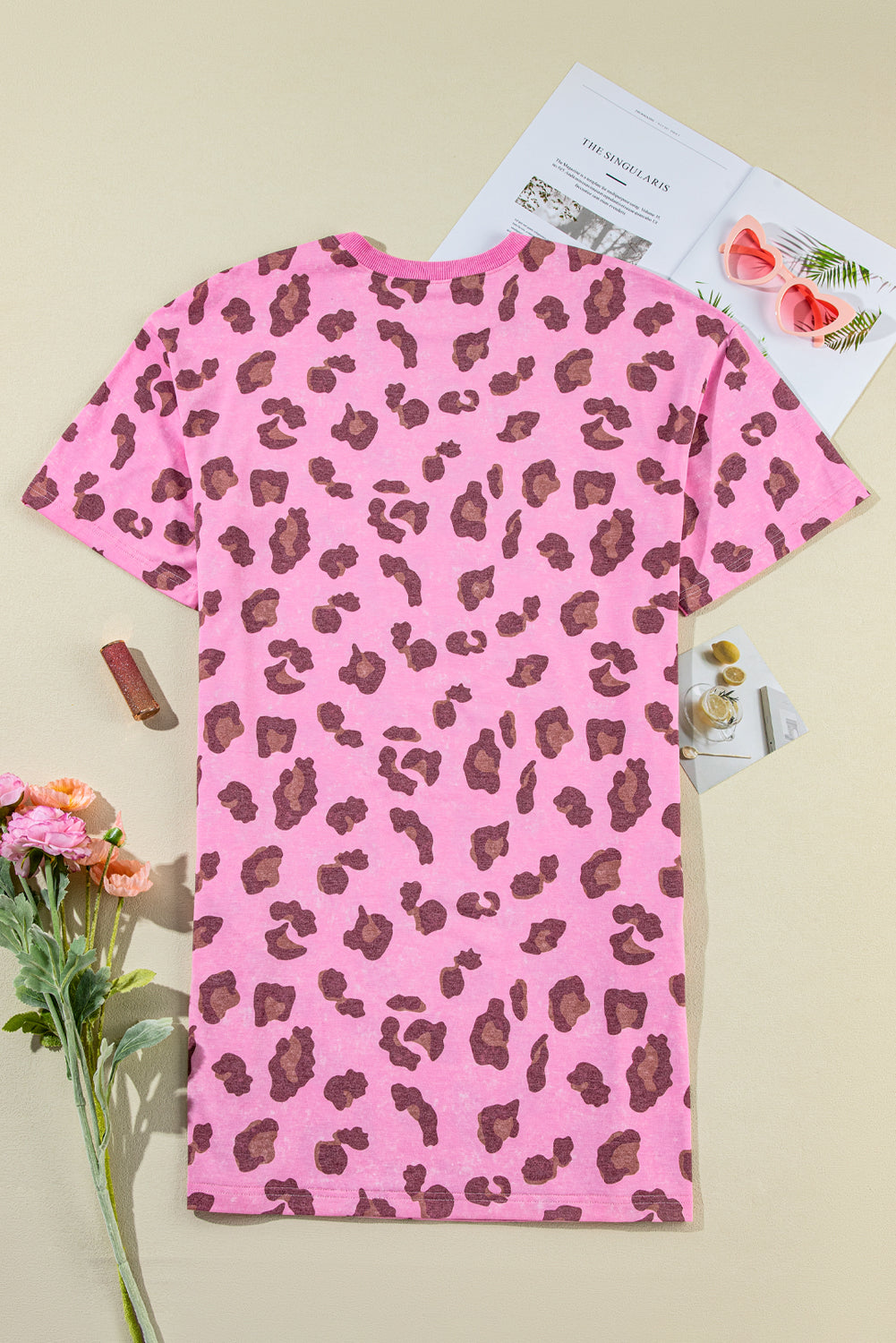 Pink Leopard Mineral Wash Side Pocket Shift Mini Dress T Shirt Dresses JT's Designer Fashion