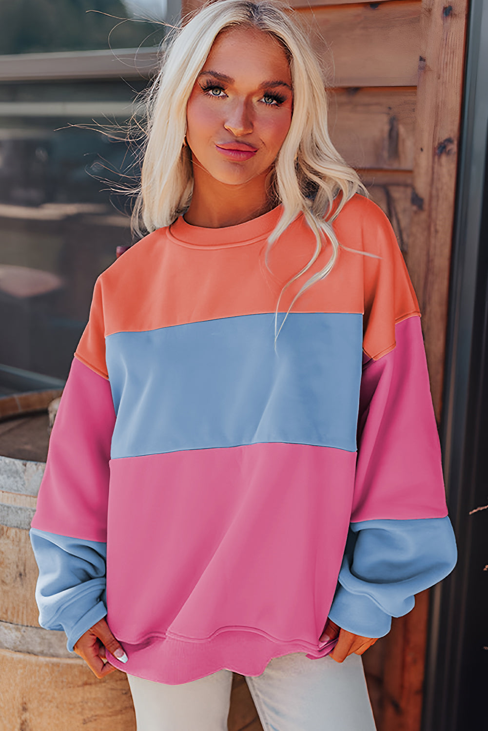 Bright Pink Colorblock Patchwork Drop Shoulder Sweatshirt Sweatshirts & Hoodies JT's Designer Fashion