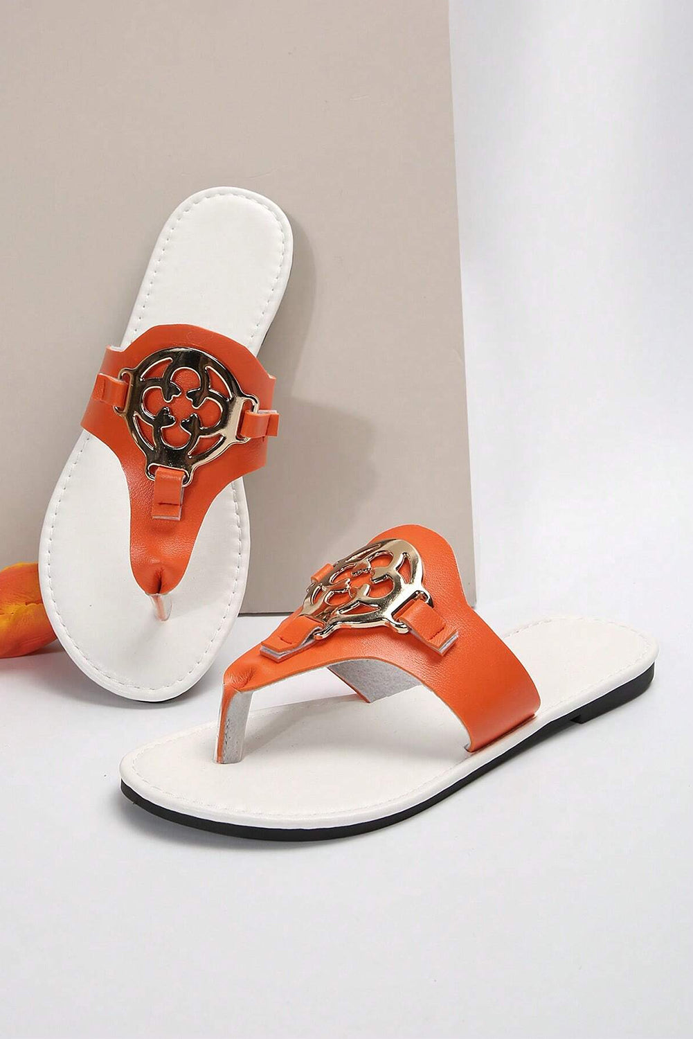 Grapefruit Orange Metal Décor Leather Thong Slippers Slippers JT's Designer Fashion