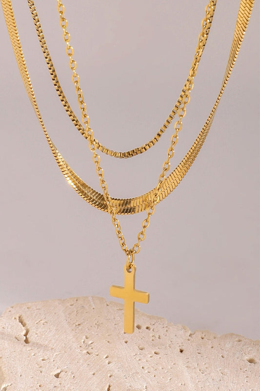 18K Gold-Plated Three-Layered Cross Necklace Gold One Size Necklaces JT's Designer Fashion