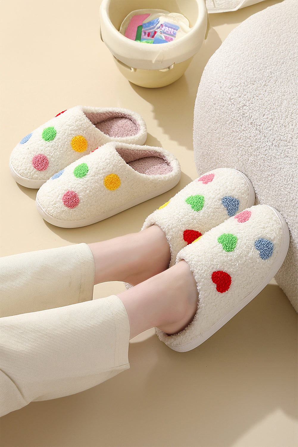 White Colorful Heart Shape Slip On Plush Winter Slippers Slippers JT's Designer Fashion