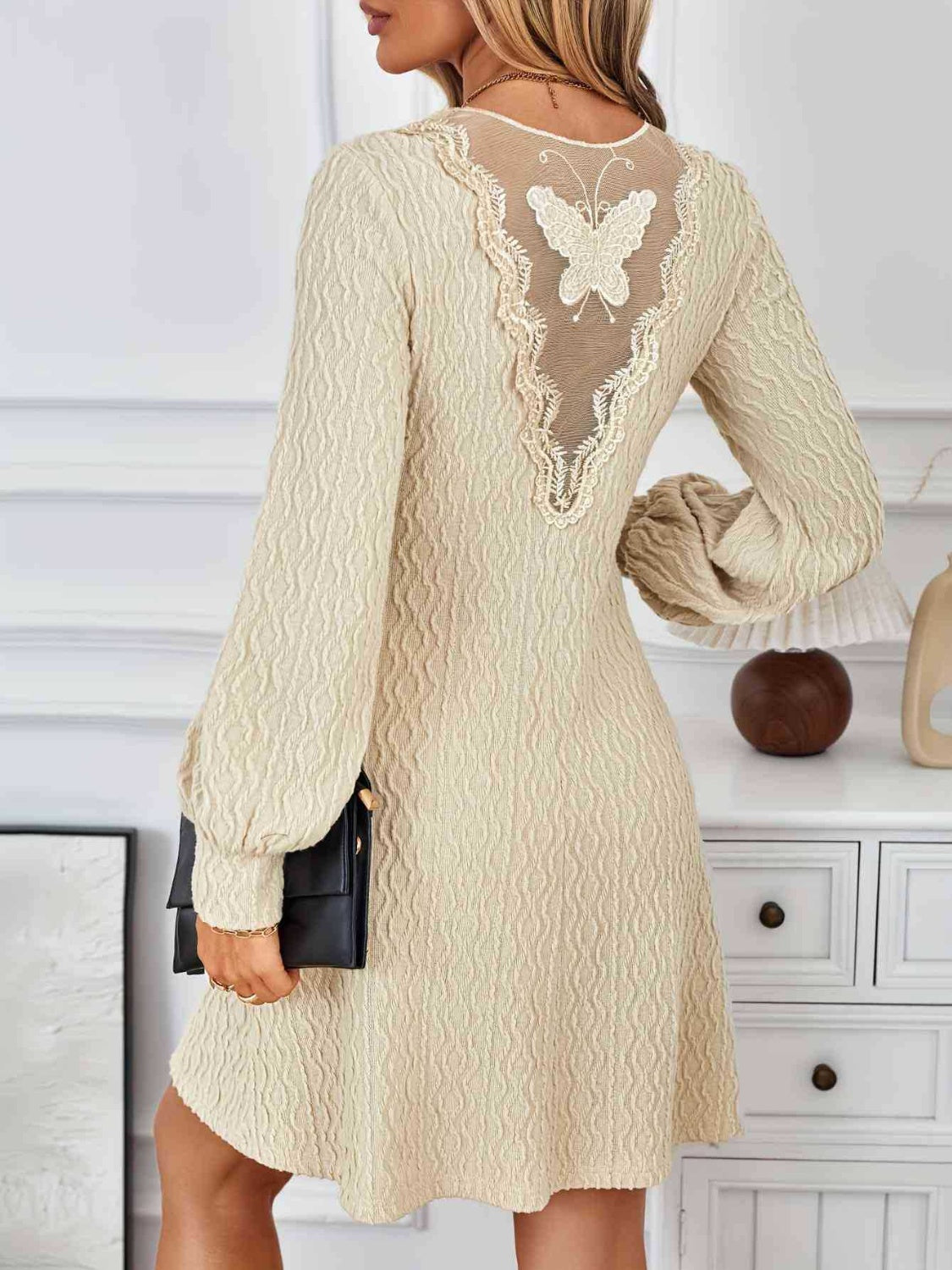 Lace Detail V-Neck Long Sleeve Dress Midi Dresses JT's Designer Fashion