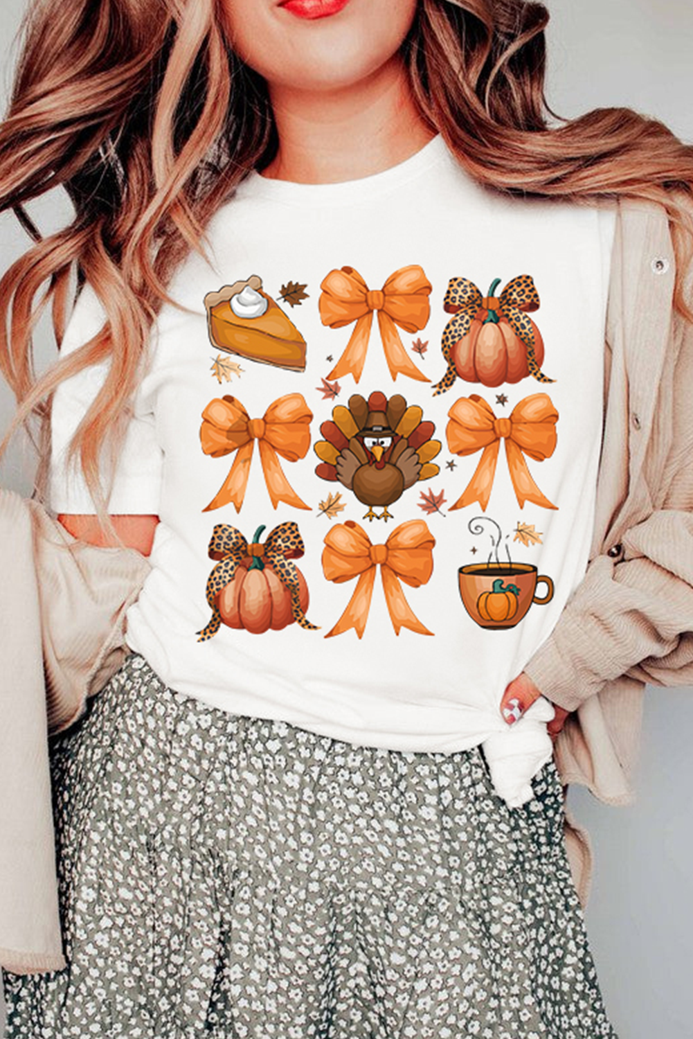 White Turkey Coquette Bow Pumpkin Thanksgiving T-Shirt Graphic Tees JT's Designer Fashion