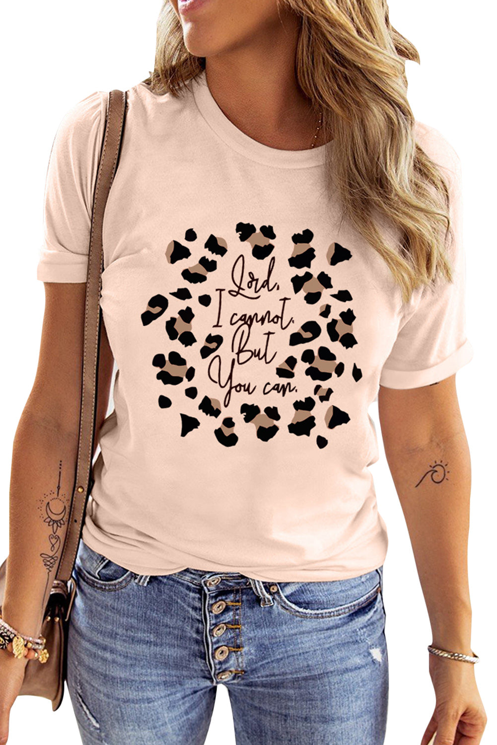 Pink Leopard Letter Printed Slim Fit Short Sleeve T Shirt Graphic Tees JT's Designer Fashion