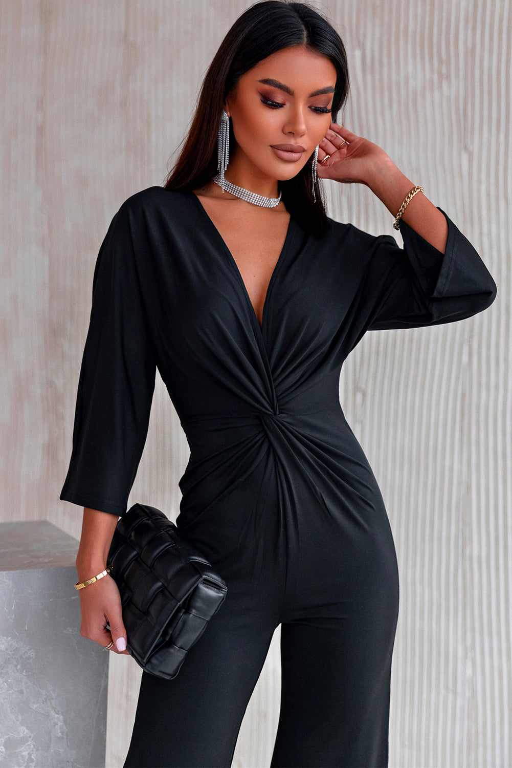 Black Deep V Neck Twisted Wide Leg Jumpsuit Jumpsuits & Rompers JT's Designer Fashion