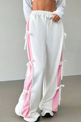 White Elastic Waist Colorblock Patchwork Side Bowtie Wide Leg Pants Bottoms JT's Designer Fashion