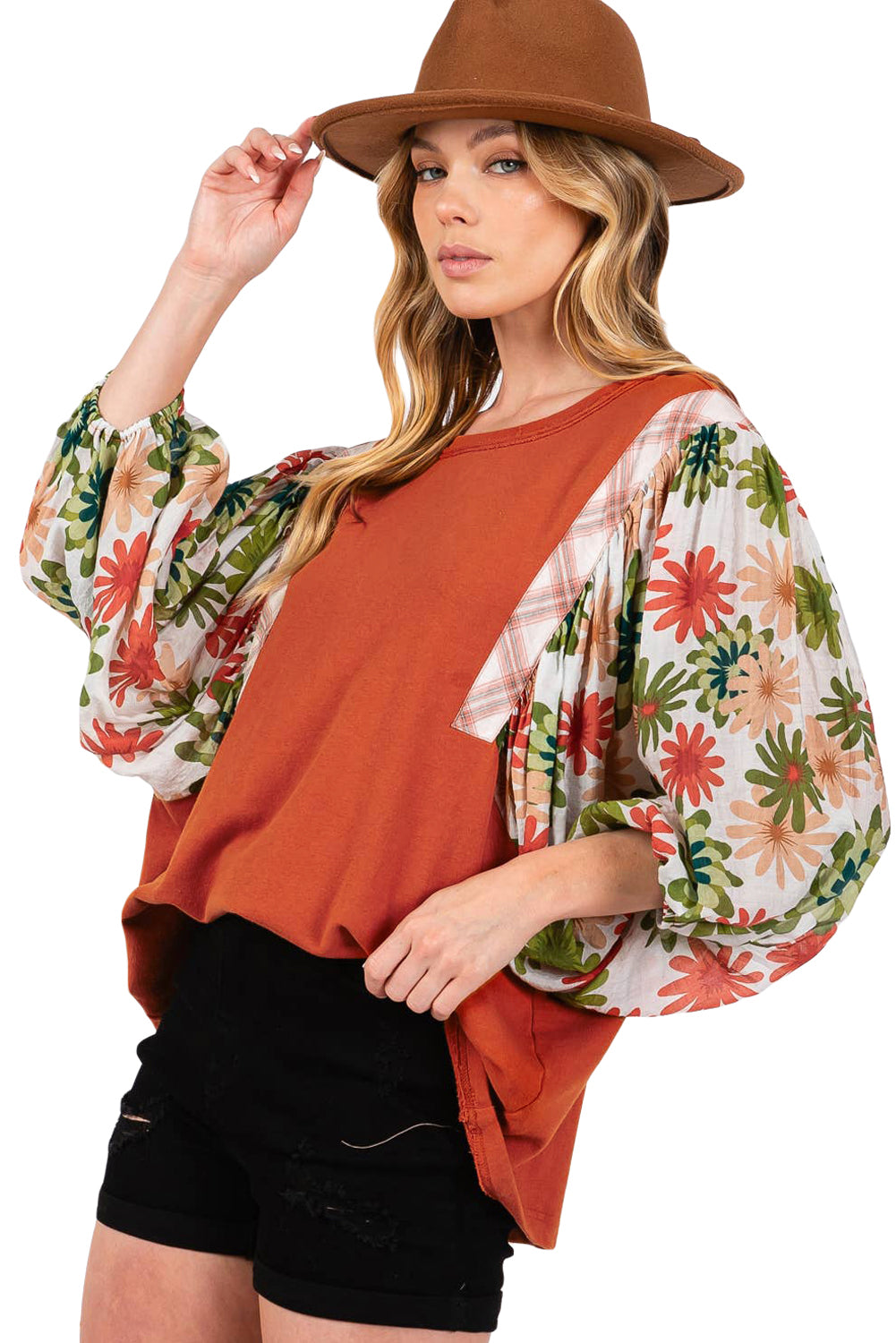 Desert Gold Floral Puff Sleeve Patchwork Round Neck Blouse Blouses & Shirts JT's Designer Fashion