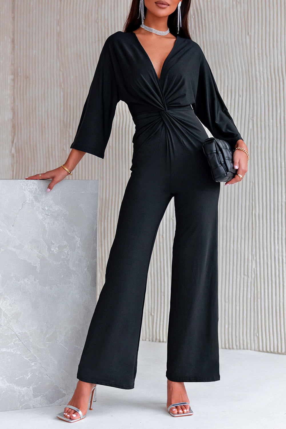 Black Deep V Neck Twisted Wide Leg Jumpsuit Black 95%Polyester+5%Elastane Jumpsuits & Rompers JT's Designer Fashion