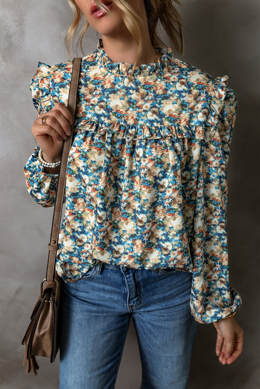 Sky Blue Floral Print Frilled Mock Neck Puff Sleeve Blouse Blouses & Shirts JT's Designer Fashion