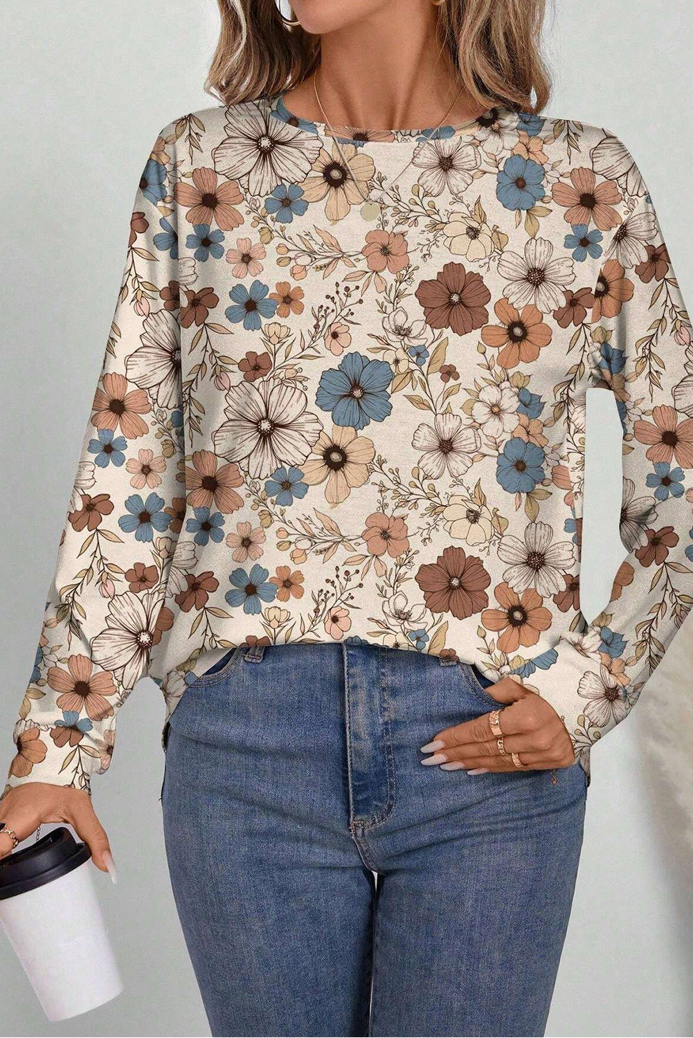 Khaki Floral Print Loose Crew Neck Long Sleeve T Shirt Long Sleeve Tops JT's Designer Fashion