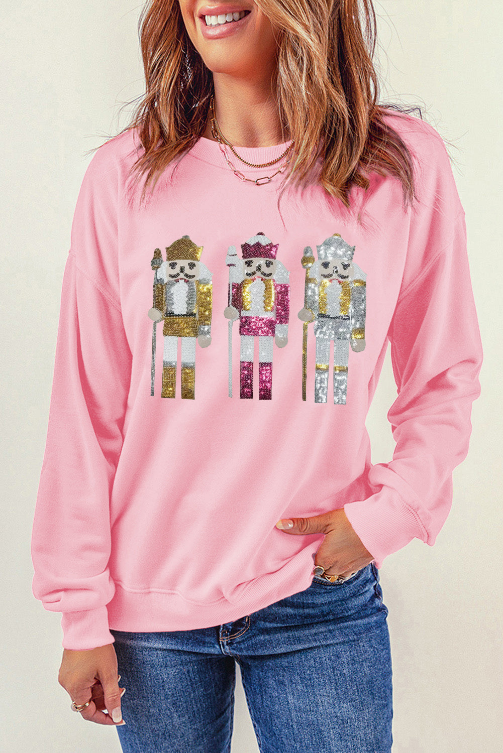 Pink Christmas Nutcracker Patched Drop Shoulder Sweatshirt Graphic Sweatshirts JT's Designer Fashion