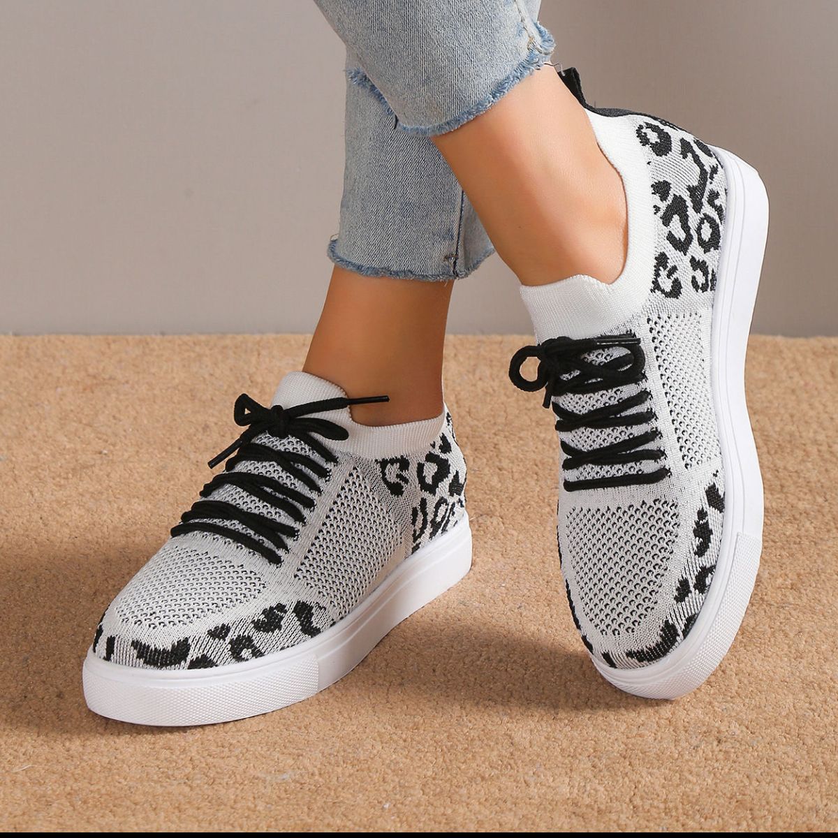 Lace-Up Leopard Flat Sneakers Shoes JT's Designer Fashion