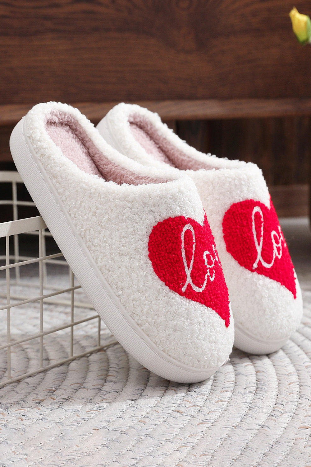 Fiery Red Valentine Love Heart Pattern Home Fuzzy Slippers Slippers JT's Designer Fashion