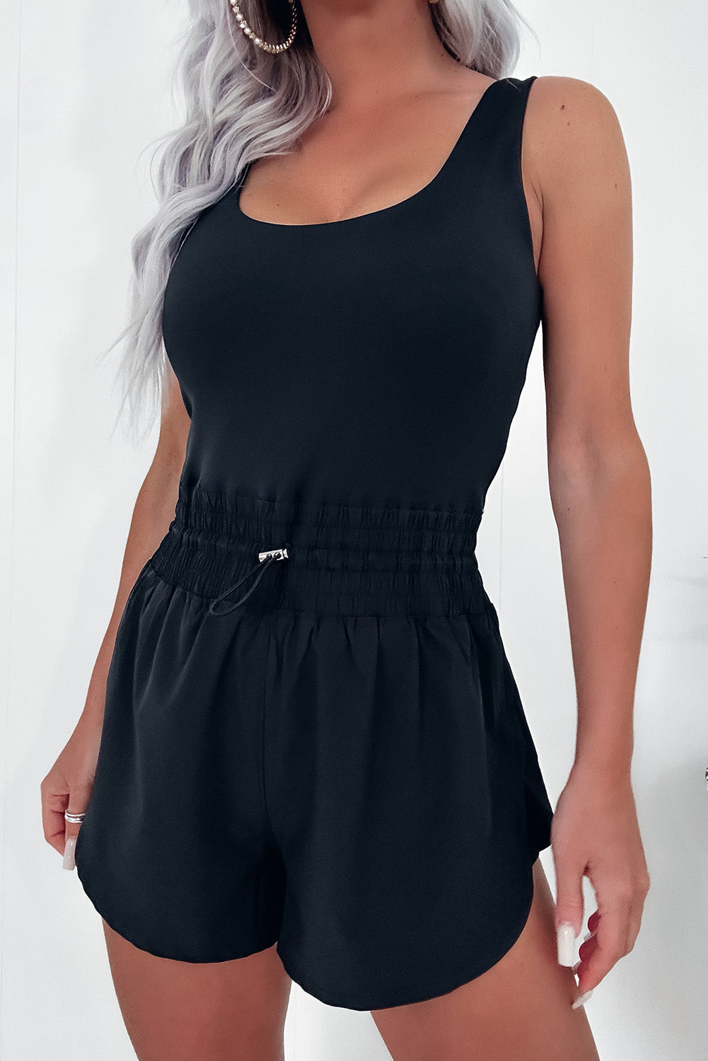 Black Plain Sleeveless Loop Drawstring Cinched Waist Romper Bottoms JT's Designer Fashion