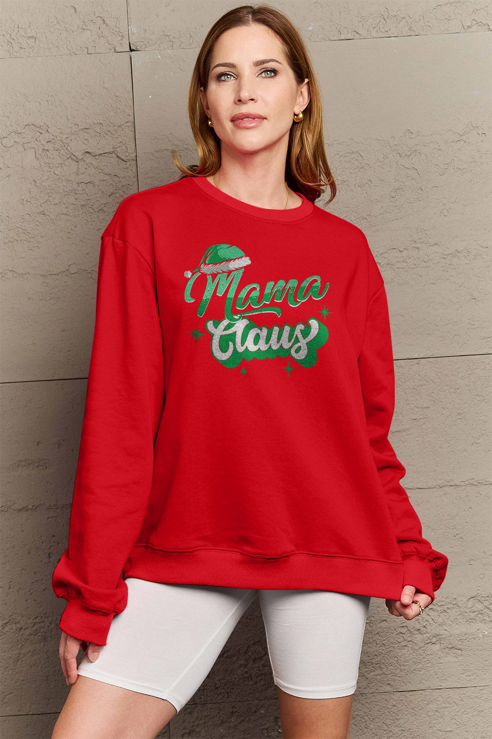 Full Size MAMA CLAUS Round Neck Sweatshirt Deep Red Long Sleeve Tops JT's Designer Fashion