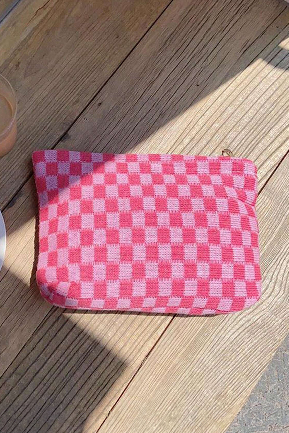 Bright Pink Checkered Print Cosmetic Bag Makeup Bags JT's Designer Fashion