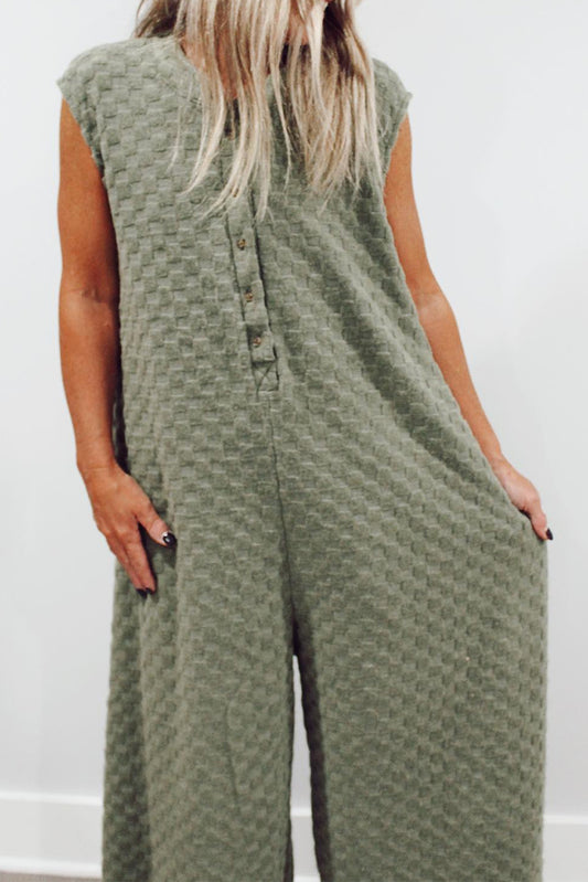 Laurel Green Checkerboard Texture Half Button Wide Leg Sleeveless Jumpsuit Bottoms JT's Designer Fashion