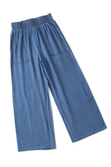 Sky Blue Side Pockets Frilled Smocked High Waist Wide Leg Jeans Bottoms JT's Designer Fashion