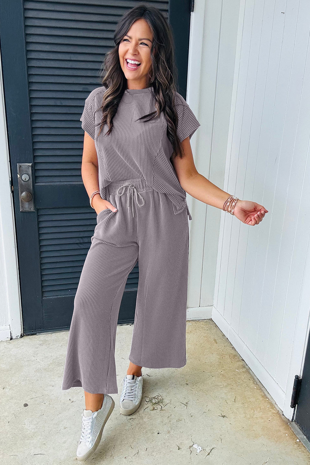 Wild Wind Solid Corded Knit Short Sleeve T Shirt and Wide Leg Pants Set Pant Sets JT's Designer Fashion