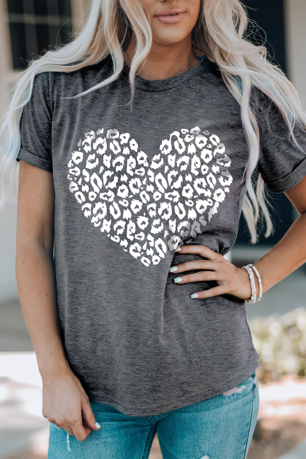 Gray Leopard Kiss Print Valentines Heart Graphic Tee Graphic Tees JT's Designer Fashion