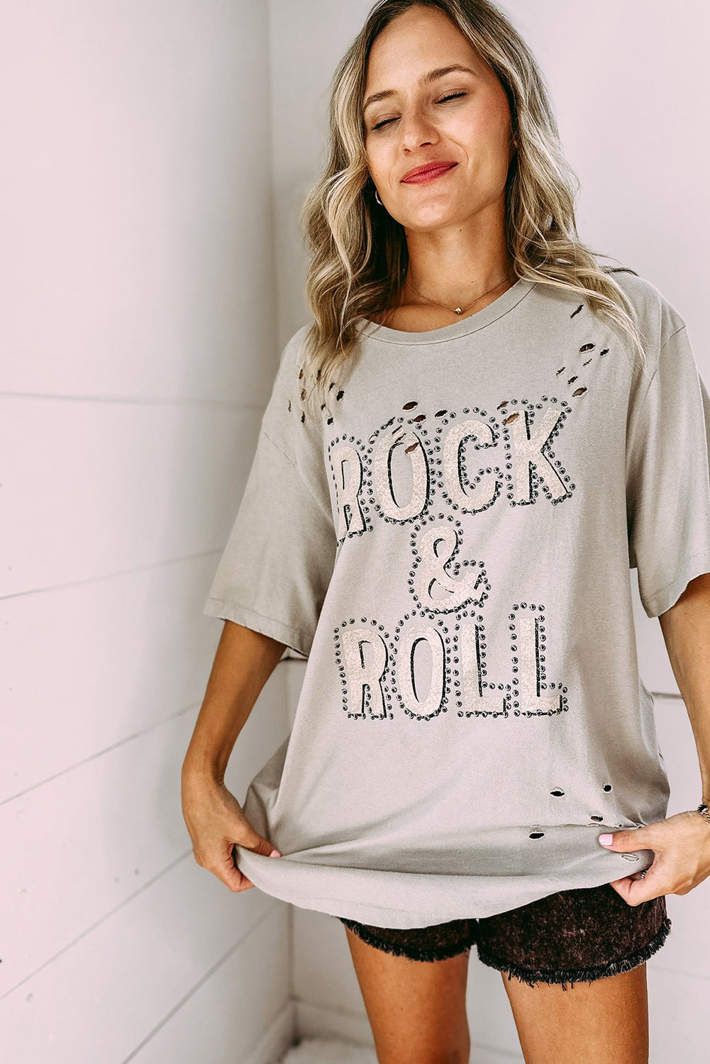 Gray Rock & Roll Graphic Distressed Oversized Tee Tops & Tees JT's Designer Fashion