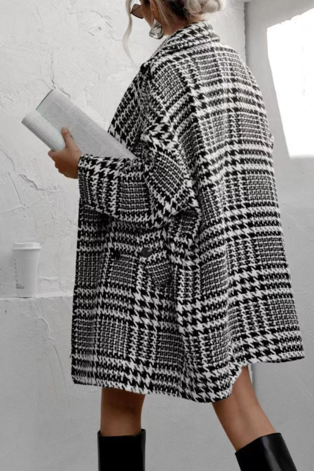 Houndstooth Collared Neck Long Sleeve Coat Long Sleeve Tops JT's Designer Fashion